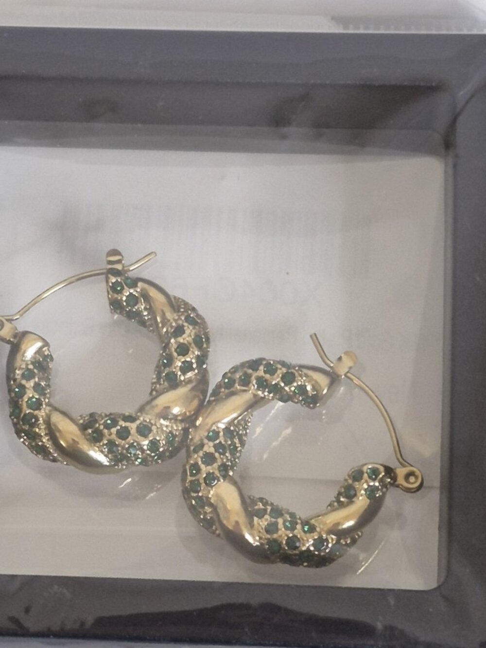 18K Gold Plated Chunky Croissant Hoop Earrings Green Rhinestone NEW